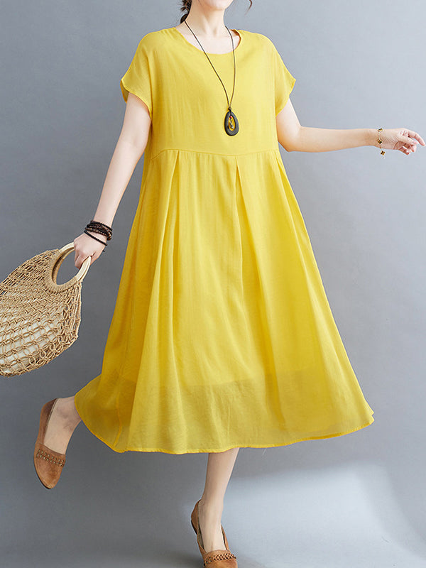 Loose Short Sleeves Color Split-joint Round-neck Midi Dresses