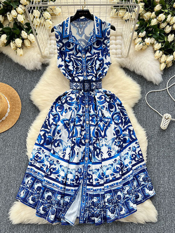 Sleeveless Belt Buckle Buttoned Contrast Color Printed Midi Dresses