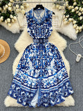 Sleeveless Belt Buckle Buttoned Contrast Color Printed Midi Dresses