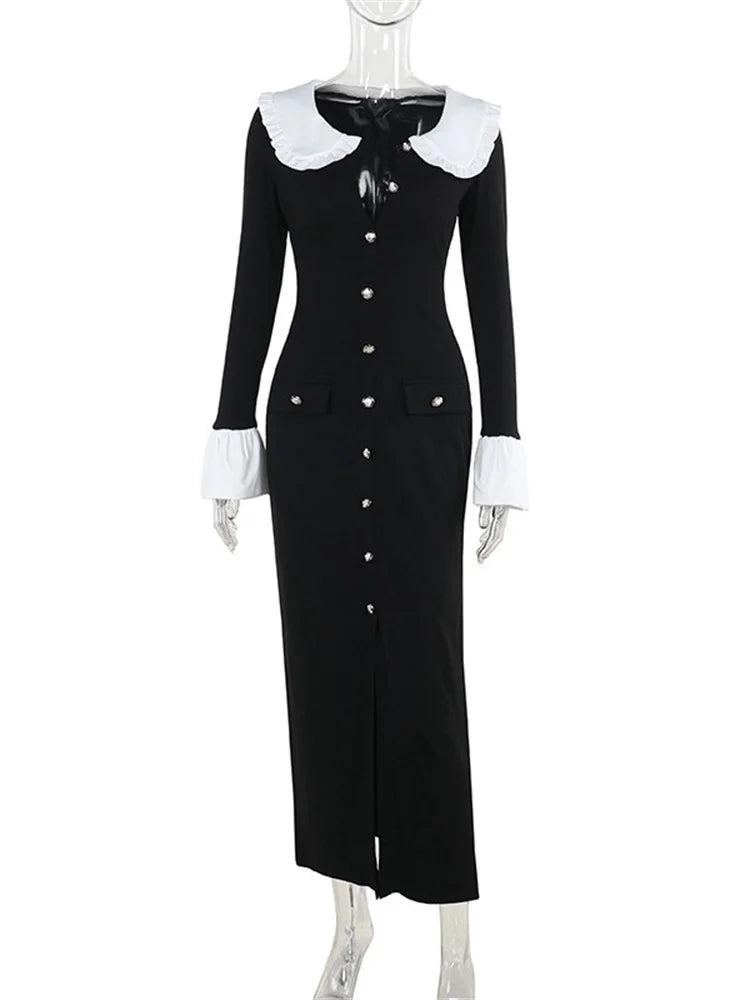 Ruffled Knit Long Dress High Waist Pocket Slim Lapel Patchwork Party Dress Female Autumn Maxi Dress