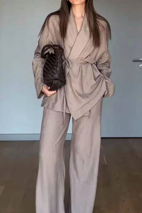 Color Lappel Top & Pants Two-piece Set