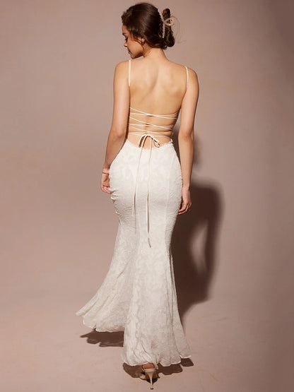 White Backless Lace-up Maxi Dress for Gown Summer New Spaghetti Strap Sleeveless Bodycon Party Long Dress