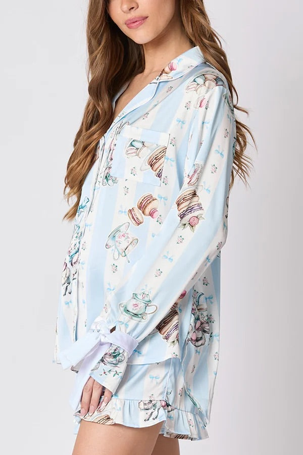Christmas Printed Bow Tie Top and Elastic Waist Ruffle Shorts Set