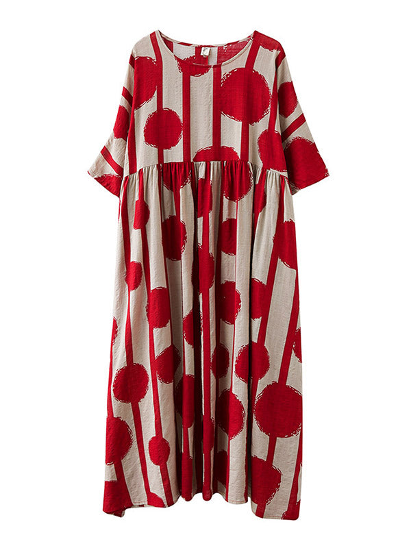 Original Polka-dot Split-joint Round-neck Midi Dress