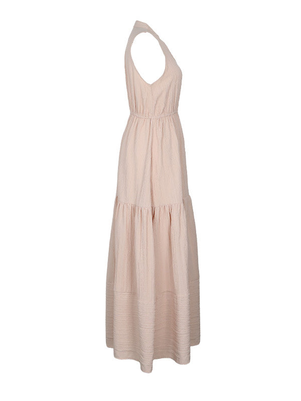 A-line High Waisted Buttoned Elasticity Pleated Split-joint V-neck Midi Dresses