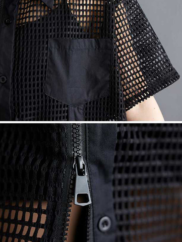 Half Sleeves Loose Hollow Color Split-joint Zipper Lapel Midi Dresses Shirt Dress