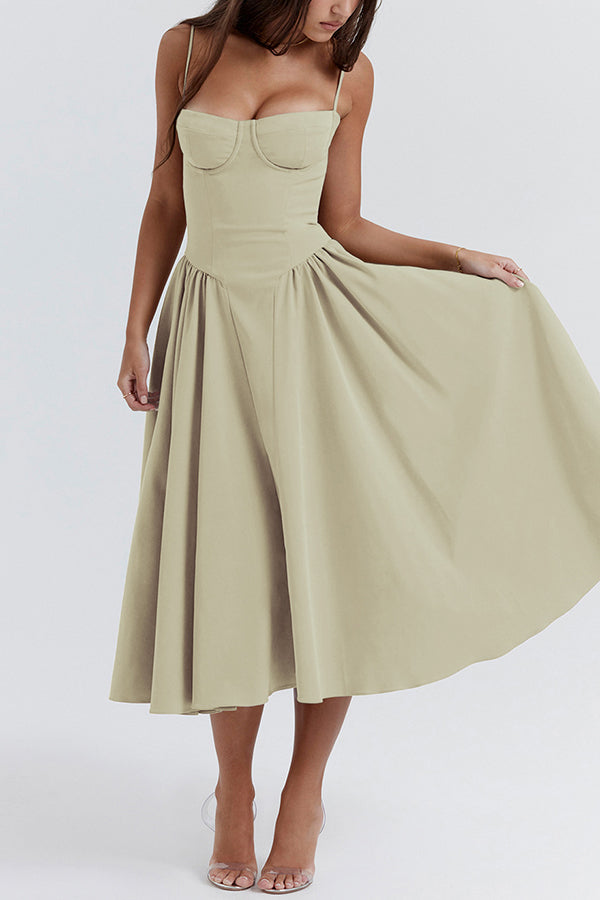 Color Slim Fit Suspender Pocket Midi Dress