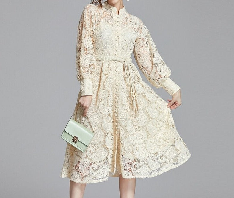 Apricot Cashew Flower Lace Embroidery Single Breasted Lantern Sleeve Midi Dress