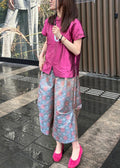New Rose Button Shirt and Crop Pants Two-piece Set Summer Qp008