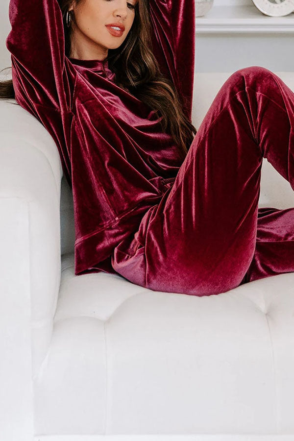 Red Velvet Round Neck Top & Drawstring Pants Longe Set
