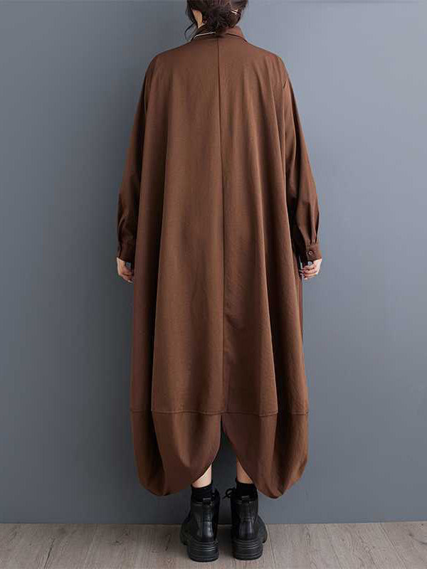 A-line Long Sleeves Buttoned Pockets Color Split-joint Lapel Midi Dresses Shirt Dress