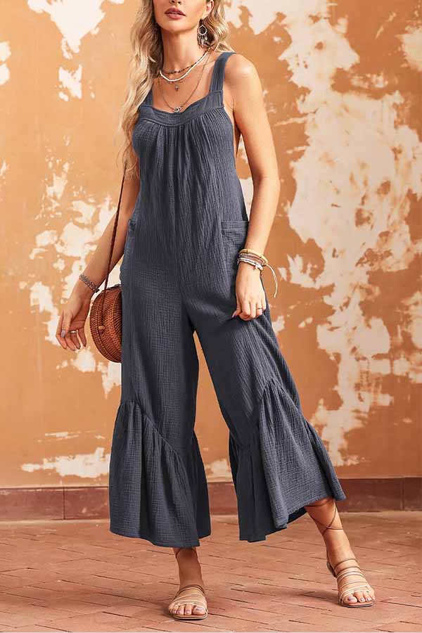Grey Color Sleeveless Flare Leg Jumpsuit With Pockets