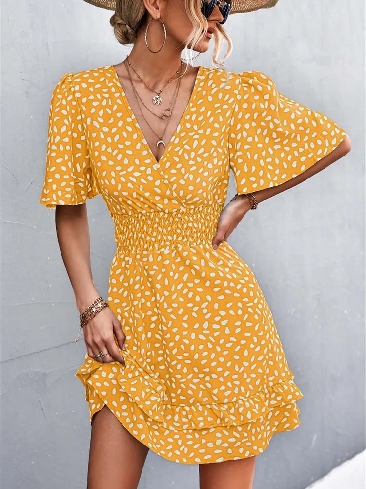 V Neck Mini Dress for Slim Short Dresses Female Lotus Leaf Sleeve Dress