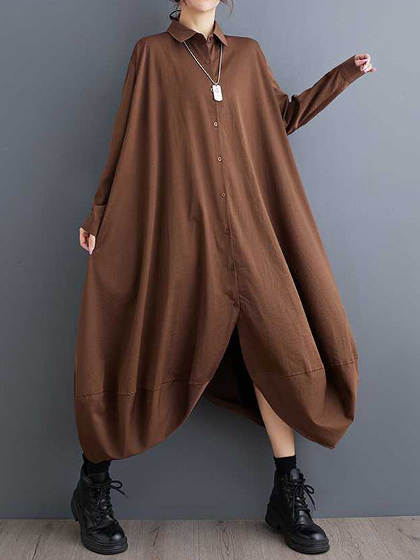 A-line Long Sleeves Buttoned Pockets Color Split-joint Lapel Midi Dresses Shirt Dress