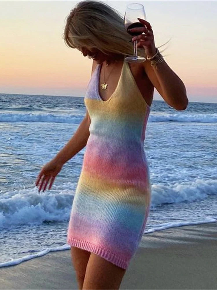 V-neck Knitted Dress Tie-dye Holiday Party Backless Beach Cover-up Dress Bodycon Slim Sleeveless Summer Mini Sweater Dress