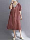 A-line Half Sleeves Plaid Pleated Split-joint V-neck Midi Dresses