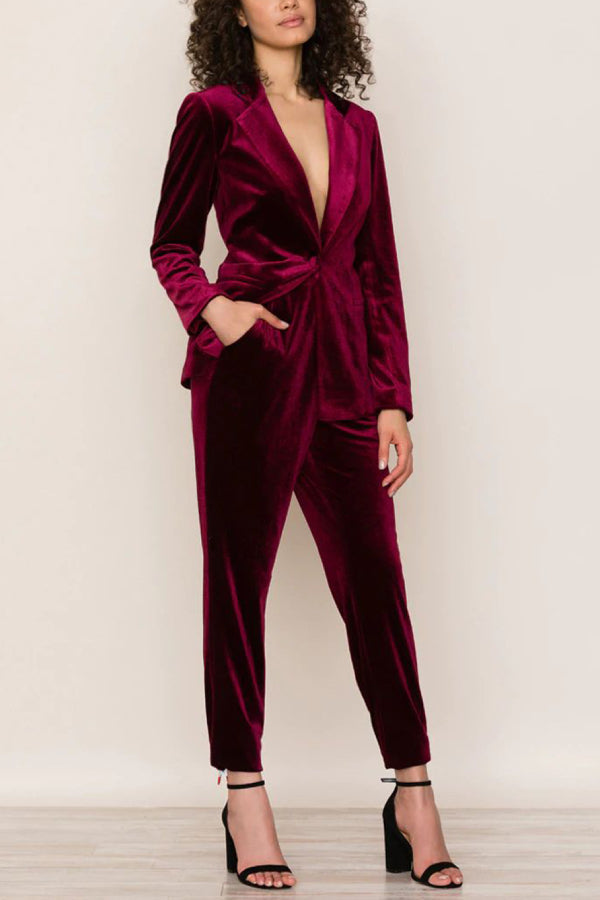 Color Velvet Long-sleeve Blazer and Elastic Waist Pocket Pants Set