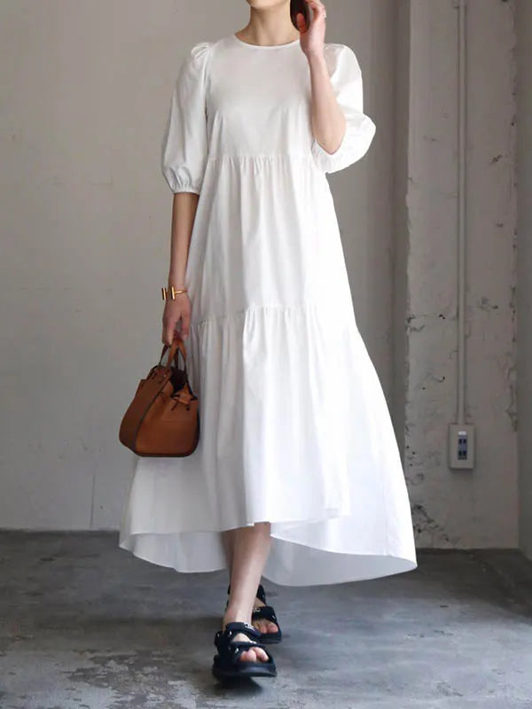 Half Sleeves Puff Sleeves Breathable See-through Color Round-neck Midi Dresses