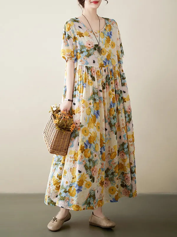 A-line Loose Printed Round-neck Midi Dresses