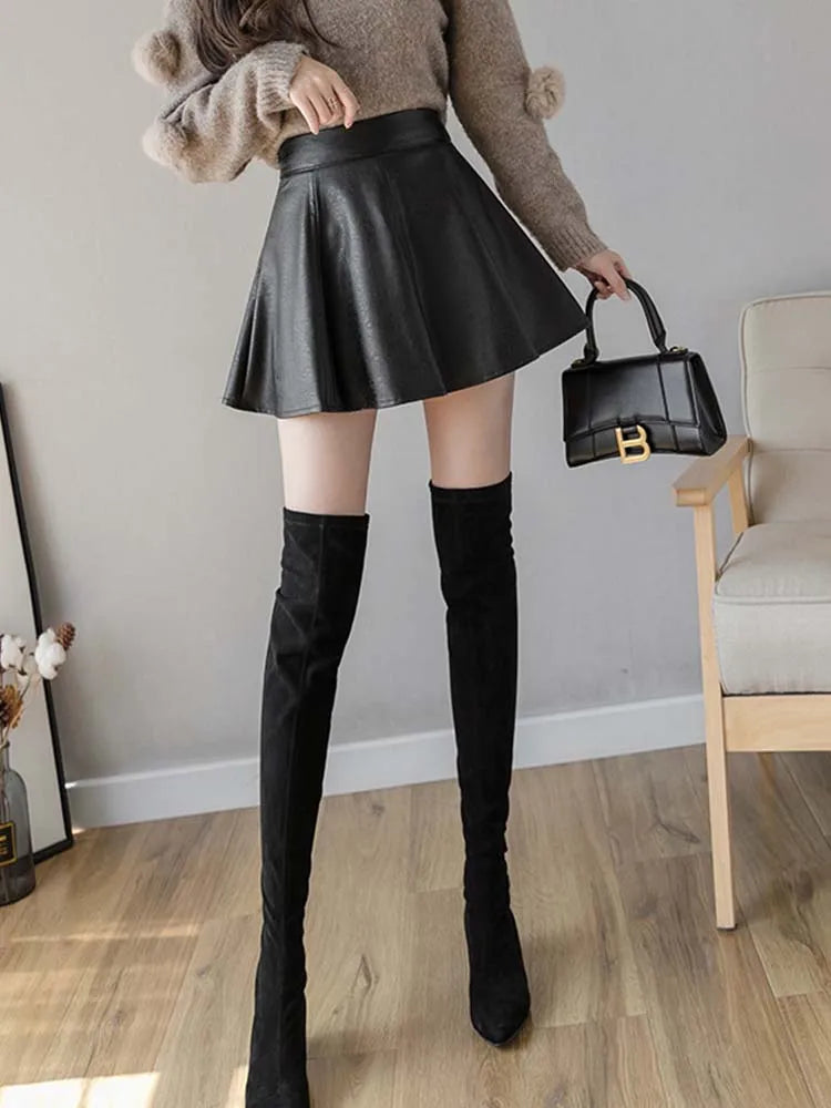 Pu Pleated Skirt Autumn Color Leather Winter Skirts Slim High Waist Saia Faldas Zipper Mini Skirt