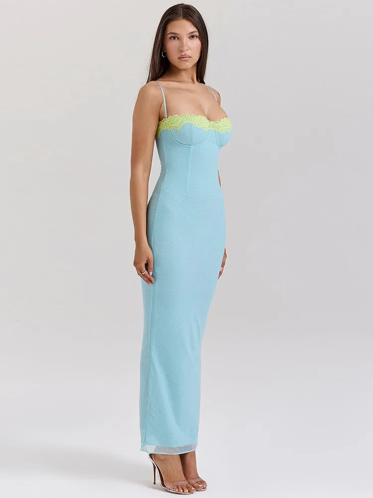 Lace Spaghetti Strap Bodycon Maxi Dress Gown Patchwork Sleeveless Backless Club Party Dress