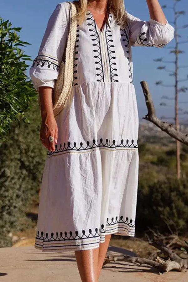 V-neck Loose Embroidered Mid-sleeve Midi Dress