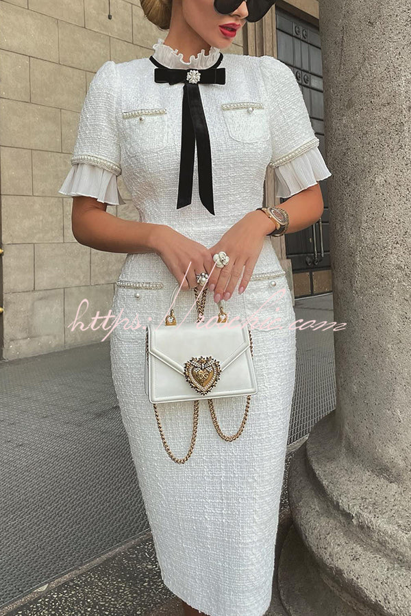 Plisse Tweed Pearl Trim Velvet Bow Design Formal Midi Dress