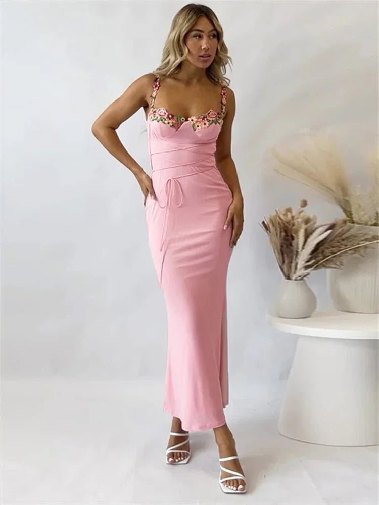 Printed Bandage Long Dress Female Slim Sleeveless High Waist Spaghetti Dress Patchwork Party Dress