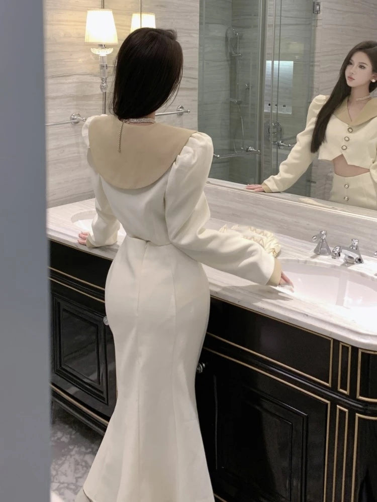 Two Piece Set Long Sleeves Short Coat + High Waist Mermaid Skirt Autumn Winter Korean Style Patchwork Outfit