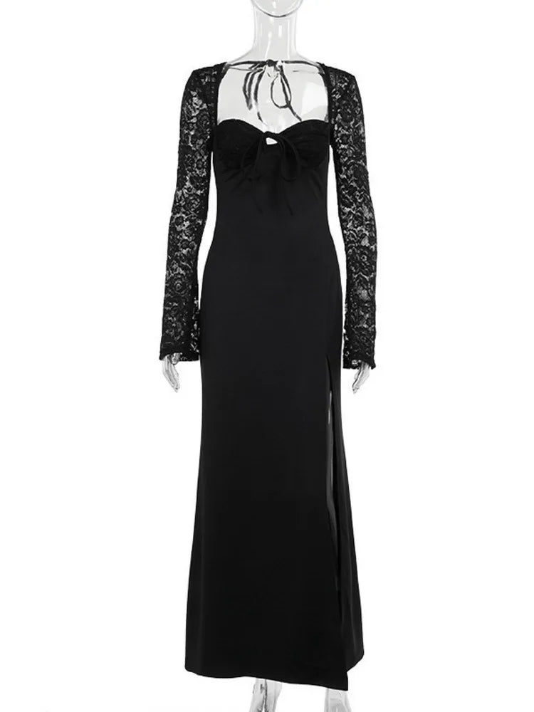 Lace Long Sleeve Maxi Dress Autumn New Square Collar Backless Lace-up High Split Club Party Long Dress