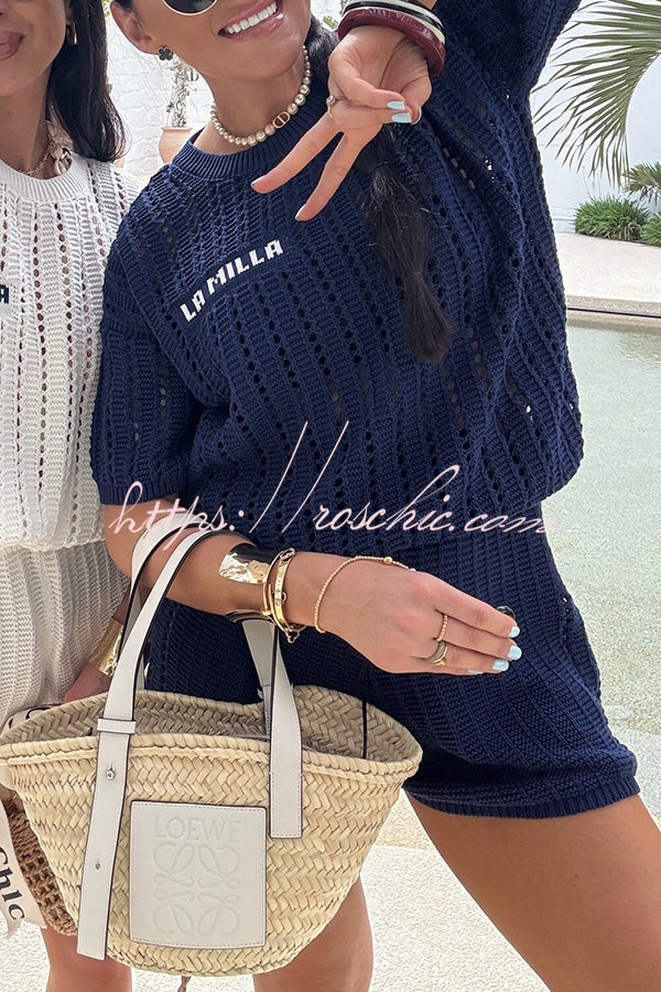 Fashionable Hollow Knit Short-sleeved Top and Elastic High-waist Shorts Set