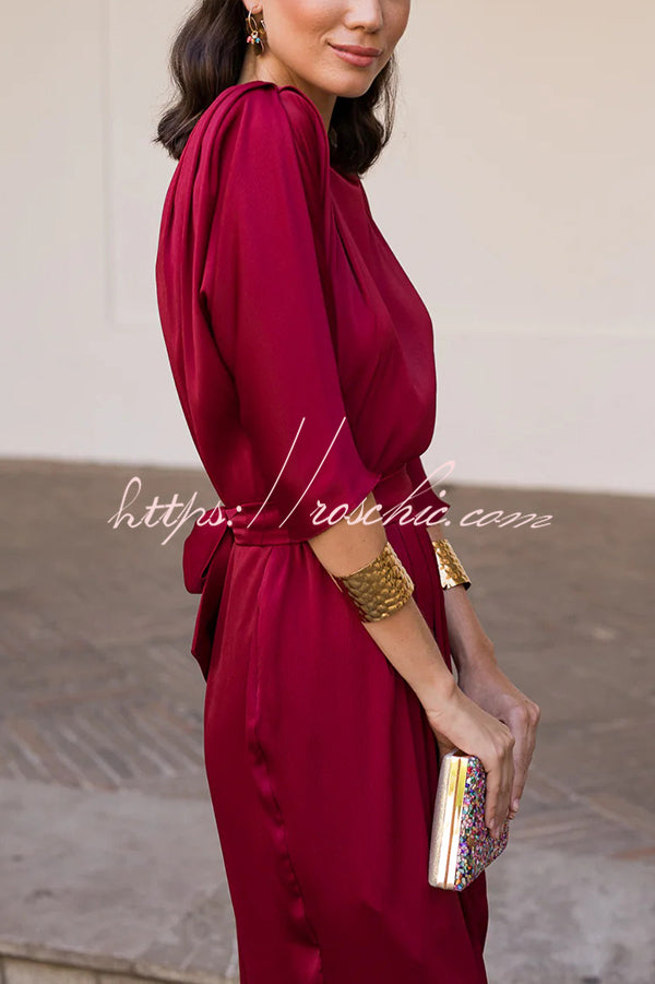 Satin Color Round Neck Half Sleeve Waist Midi Dress