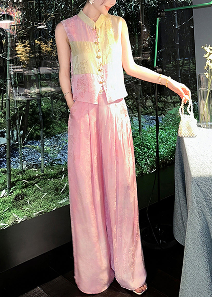 French Pink Button Waistcoat and Wide Leg Pants Silk Two Piece Set Sleeveless Qp041