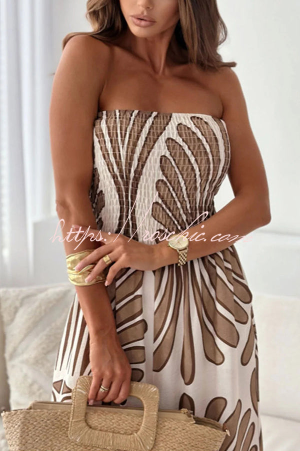 Unique Printed Off-shoulder Pleated Wide-leg Jumpsuit