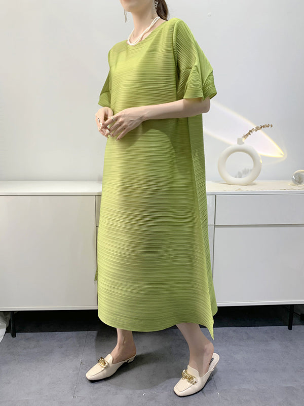 Loose Pleated Round-neck Midi Dresses
