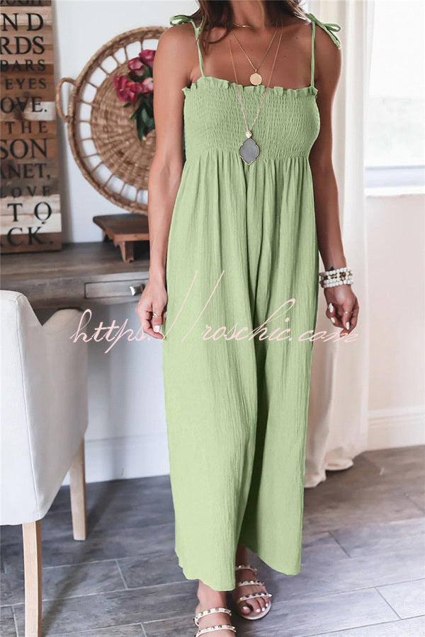 Color High Waist Linen Blend Suspender Pleated Jumpsuit