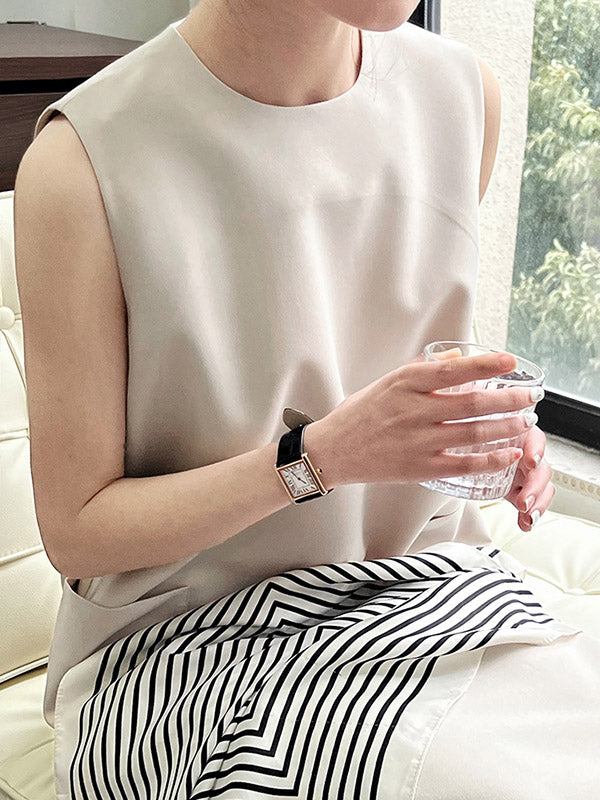 High Waisted Loose Pockets Color Split-back Zipper Round-neck Midi Dresses