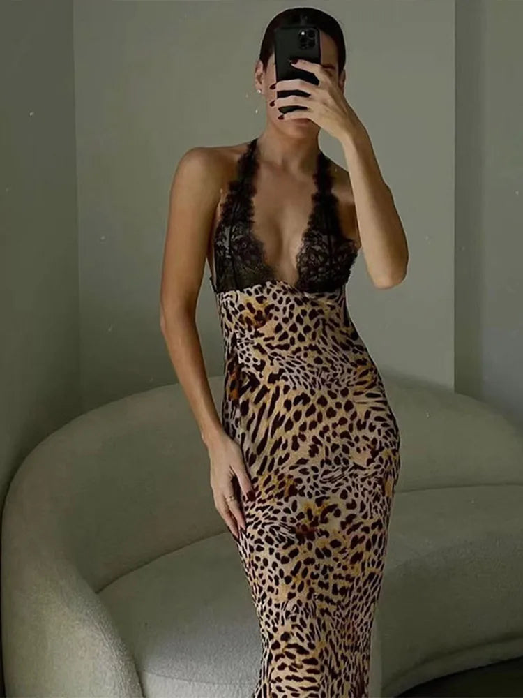 Lace Leopard Patchwork Halter Long Dress V-neck Sleeveless Backless Dress Lady Party Bodycon Dress