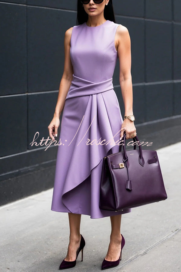 Office Fitted Sleeveless Crossover Draped Ruffle Midi Dress