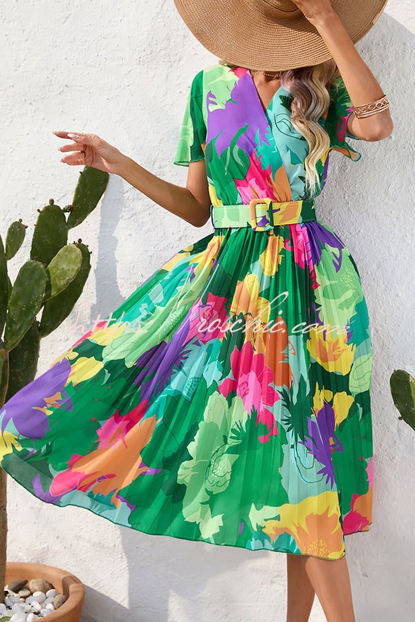 Paulette Contrast Print Belted Pleated Midi Dress