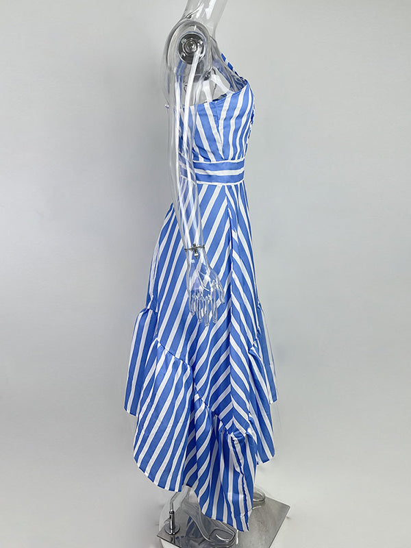 High Waisted Loose Asymmetric Hollow Pleated Pockets Split-joint Striped Zipper One-shoulder Midi Dresses