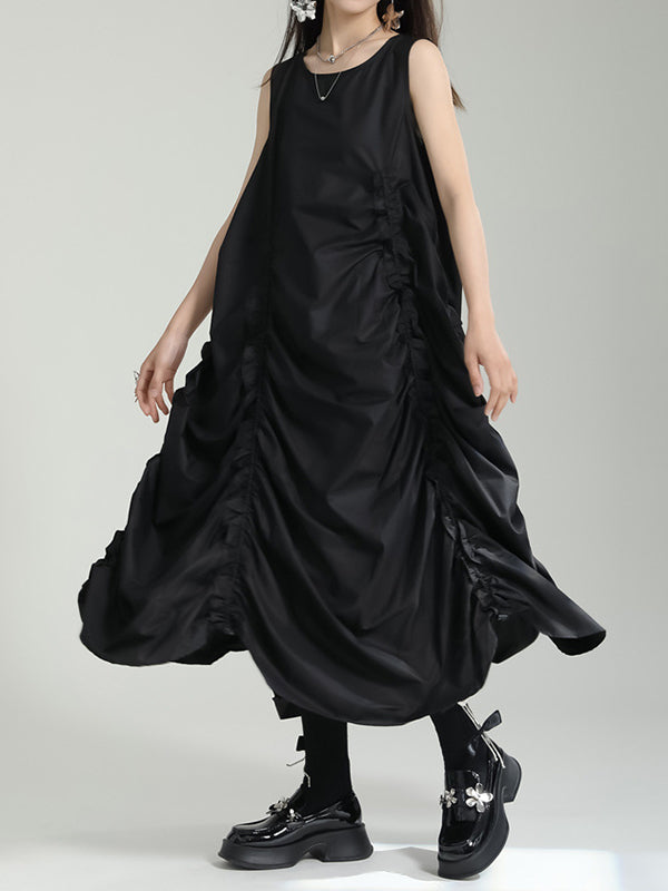 Irregular Clipping Loose Color Round-neck Midi Dresses