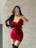 Summer Mini Dress Lace Red Camisole Sundress Sleeveless V-neck Basic Bodycon Dresses Lady Club Party Y2k Clothes