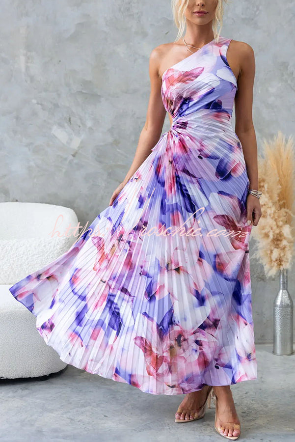 Laken Print One Shoulder Adjustable Tie Cutout Pleated Maxi Dress
