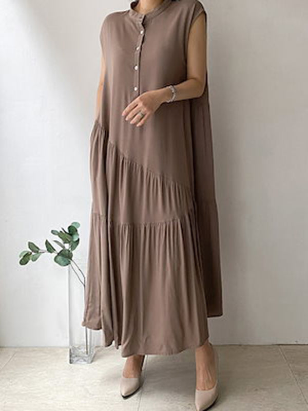 A-line Loose Buttoned Pleated Ruffled Color Split-joint Tiered Stand Collar Midi Dresses