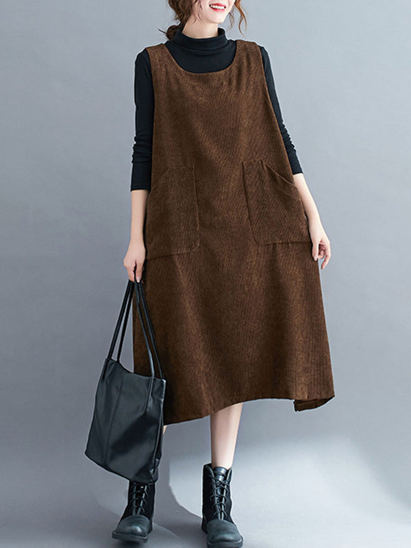 Corduroy Sleeveless Split-joint Round-neck Midi Dress