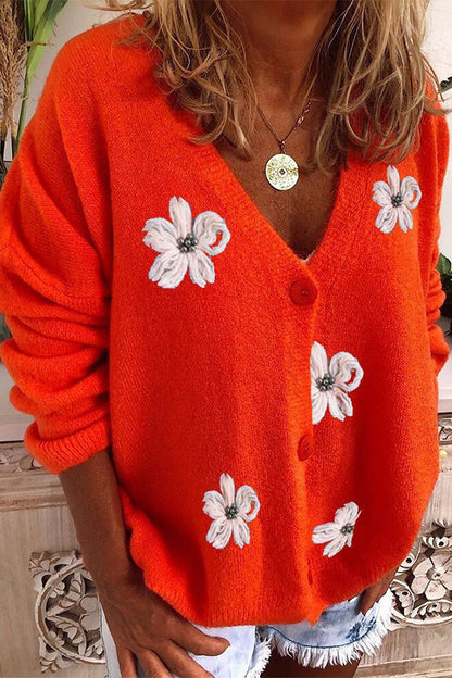 Long Sleeve Cardigan Embroidered V-neck Knit Sweater