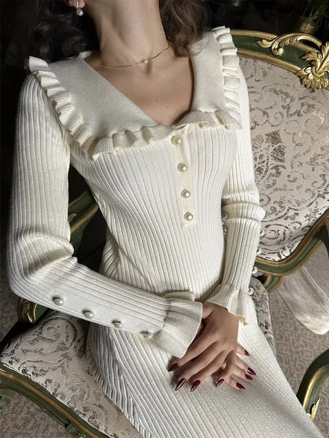 High Waist Ruffled Maxi Dresses for Autumn Winter Knitted Slim Long Dress ’s Dress Woman Retro