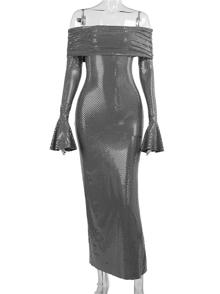 Sequin Maxi Dress Female Off-shoulder Pleated Slim Glitter Long Sleeve Backless Party Dress Gown