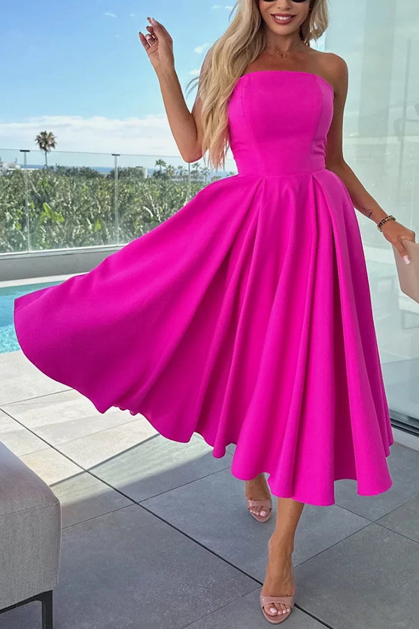 Sweet Cascade Color Off Shoulder Pocket Full Hem Midi Dress